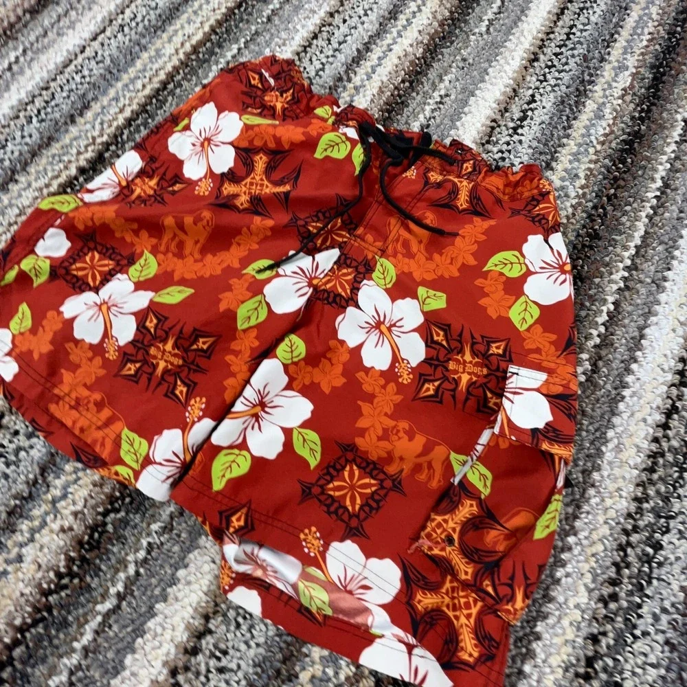 Big Dogs Swim Trunks Men Medium Red Floral Bored Shorts Surfing Hawaiian Beach‎